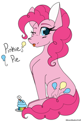 Size: 1776x2636 | Tagged: safe, artist:silenceshadowwolf, pinkie pie, earth pony, pony, g4, :p, balloon, cupcake, female, food, mare, one eye closed, simple background, solo, tongue out, white background, wink