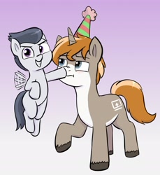 Size: 1980x2164 | Tagged: safe, artist:heretichesh, rumble, oc, oc:itu, pegasus, pony, unicorn, g4, birthday, blank flank, boop, colt, duo, flying, frown, gradient background, hat, looking at you, male, nose wrinkle, pale belly, party hat, smiling, smiling at you, stallion, unamused, unshorn fetlocks