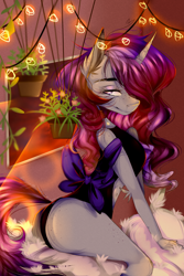 Size: 2000x3000 | Tagged: safe, artist:chrysgalaxy, oc, oc only, unicorn, anthro, ass, bedroom eyes, butt, clothes, female, hair over one eye, high res, horn, indoors, leotard, looking back, smiling, solo, unicorn oc