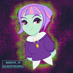 Size: 640x640 | Tagged: safe, artist:honeyt_expressive19, sunny flare, equestria girls, g4, abstract background, bedroom eyes, clothes, eyelashes, female, jewelry, necklace, smiling, solo