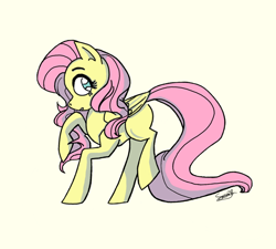 Size: 720x648 | Tagged: safe, artist:softhint, fluttershy, pegasus, pony, g4, female, mare, missing cutie mark, profile, simple background, solo, yellow background