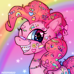 Size: 1000x1000 | Tagged: safe, artist:redapplesnap, pinkie pie, earth pony, pony, g4, bandaid, bandaid on nose, bow, braces, bust, ear piercing, female, grin, hair accessory, hairpin, heart eyes, jewelry, looking at you, mare, necklace, one eye closed, piercing, portrait, smiling, smiling at you, solo, sticker, three quarter view, wingding eyes, wink