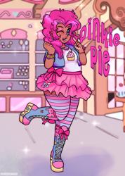 Size: 1000x1402 | Tagged: safe, artist:redapplesnap, pinkie pie, human, g4, boots, bow, clothes, converse, cutie mark accessory, cutie mark earrings, dark skin, ear piercing, earring, eyeshadow, female, freckles, hairclip, humanized, jewelry, lipstick, makeup, moderate dark skin, necklace, one eye closed, open mouth, open smile, piercing, platform boots, shoes, smiling, socks, solo, standing, standing on one leg, striped socks, sugarcube corner, thigh highs, thighs, thunder thighs, wink