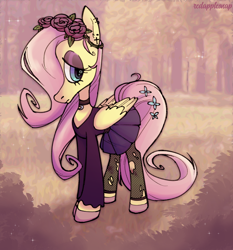 Size: 800x859 | Tagged: safe, artist:redapplesnap, fluttershy, pegasus, pony, g4, clothes, eyeshadow, female, fishnet stockings, flower, flower in hair, flower in tail, goth, hair over one eye, makeup, mare, skirt, solo