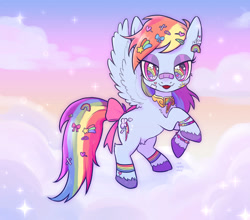 Size: 1280x1127 | Tagged: safe, artist:redapplesnap, rainbow dash, pegasus, pony, g4, bandaid, bandaid on nose, bow, element of loyalty, female, flying, looking at you, mare, solo, sticker, tail bow, unshorn fetlocks