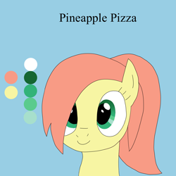 Size: 2925x2925 | Tagged: safe, artist:pi, oc, oc only, oc:pineapple pizza, earth pony, pony, colored, flat colors, green eyes, high res, ponytail, reference sheet, smiling, solo