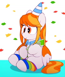 Size: 1457x1729 | Tagged: safe, artist:mochi_nation, oc, oc only, oc:poneco, pegasus, pony, confetti, female, hat, mare, party hat, sitting, solo
