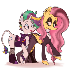 Size: 1000x1000 | Tagged: safe, artist:zimcore, fluttershy, rarity, pegasus, pony, unicorn, g4, alternate hairstyle, boots, choker, clothes, dress, duo, fishnet stockings, fluttergoth, leonine tail, punk, raripunk, shoes, simple background, spiked choker, spiked wristband, vest, white background, wristband