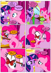 Size: 868x1230 | Tagged: safe, artist:dziadek1990, edit, edited screencap, screencap, pinkie pie, spike, twilight sparkle, butterfly, dragon, earth pony, insect, pony, unicorn, g4, green isn't your color, accidental murder, comic, conversation, death, dialogue, female, last words, male, pinkie promise, polish, pun, screencap comic, talking butterfly, text, translated in the description, trio, unicorn twilight, visual pun