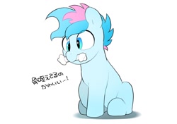 Size: 1024x722 | Tagged: safe, artist:mochi_nation, oc, oc only, oc:blue chewings, earth pony, pony, chew toy, dog toy, japanese, male, mouth hold, simple background, solo, stallion, white background
