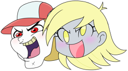 Size: 1125x625 | Tagged: safe, artist:batipin, part of a set, bulk biceps, derpy hooves, equestria girls, g4, cap, duo, ear piercing, earring, hat, head only, jewelry, open mouth, piercing, simple background, transparent background, yeah