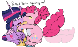 Size: 787x474 | Tagged: safe, artist:kittycatsun, pinkie pie, twilight sparkle, alicorn, earth pony, pony, g4, cheek kiss, chubby, female, hug, kissing, lesbian, ship:twinkie, shipping, simple background, tail wag, twilight sparkle (alicorn), white background