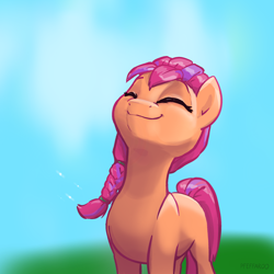 Size: 2048x2048 | Tagged: safe, artist:pfeffaroo, sunny starscout, earth pony, pony, g5, braid, cute, eyes closed, female, high res, mare, sky, smiling, solo, sunnybetes, sweet dreams fuel