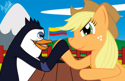 Size: 1756x1136 | Tagged: safe, artist:avellante, applejack, bird, earth pony, penguin, pony, g4, arm wrestling, cloud, dreamworks, fence, madagascar (dreamworks), mountain, rico, the penguins of madagascar