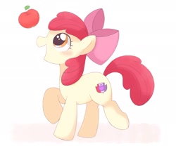 Size: 2048x1707 | Tagged: dead source, safe, artist:ginmaruxx, apple bloom, earth pony, pony, g4, apple, blushing, female, filly, food, open mouth, open smile, raised hoof, smiling, solo