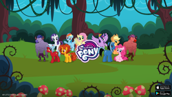 Size: 2560x1440 | Tagged: safe, gameloft, idw, applejack, decepticolt, fluttershy, goldcap, ocellus, pinkie pie, rainbow dash, rarity, twilight sparkle, zappityhoof, alicorn, earth pony, minotaur, pegasus, pony, unicorn, g4, my little pony: magic princess, applejack's hat, cowboy hat, female, flying, forest, hat, male, mane six, mare, my little pony logo, stallion, twilight sparkle (alicorn), video game, youtube banner