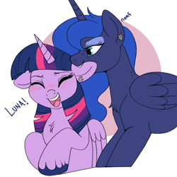 Size: 1200x1198 | Tagged: safe, artist:lulubell, princess luna, twilight sparkle, alicorn, pony, g4, biting, blushing, chest fluff, cute, ear bite, ear piercing, earring, female, flustered, jewelry, laughing, lesbian, lunabetes, piercing, ship:twiluna, shipping, simple background, smiling, twilight sparkle (alicorn), white background