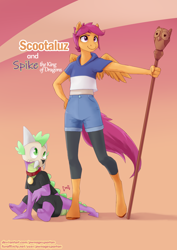 Size: 1754x2480 | Tagged: safe, artist:pwnagespartan, owlowiscious, scootaloo, spike, bird, dragon, owl, pegasus, pony, anthro, unguligrade anthro, g4, broken horn, clothes, collar, cosplay, costume, duo, hoodie, horn, king clawthorne, leggings, luz noceda (the owl house), owlbert, palisman, pet tag, shorts, skull, staff, the owl house, titan costume, wings