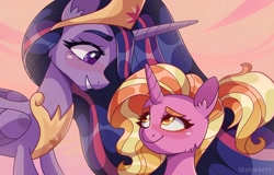 Size: 2048x1307 | Tagged: safe, artist:skysorbett, luster dawn, twilight sparkle, alicorn, pony, unicorn, g4, season 9, the last problem, duo, duo female, female, grin, looking at each other, mare, older, older twilight, older twilight sparkle (alicorn), princess twilight 2.0, scene interpretation, screencap reference, smiling, smiling at each other, the magic of friendship grows, twilight sparkle (alicorn)