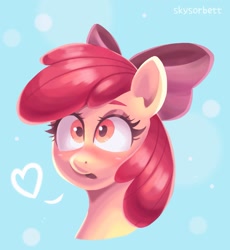 Size: 1469x1600 | Tagged: safe, artist:skysorbett, apple bloom, earth pony, pony, g4, bust, female, filly, heart, open mouth, portrait, shocked, shocked expression, solo