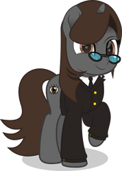 Size: 4212x5907 | Tagged: safe, artist:mrvector, oc, oc only, oc:sonata, pony, unicorn, elements of justice, turnabout storm, absurd resolution, ace attorney, clothes, cute, female, glasses, mare, movie accurate, simple background, smiling, smug, solo, suit, transparent background, vector