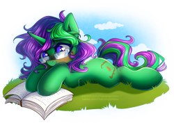 Size: 4961x3508 | Tagged: safe, artist:chaosangeldesu, oc, oc only, oc:buggy code, pony, unicorn, book, commission, cute, female, glasses, grass, lying down, prone, reading, simple background, solo, transparent background, ych result