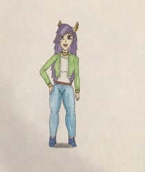 Size: 1905x2273 | Tagged: safe, artist:martialarts2003, oc, oc:athena (shawn keller), human, guardians of pondonia, clothes, hand on hip, humanized, long hair, pants, purple hair, shirt, smiling, traditional art, two toned hair