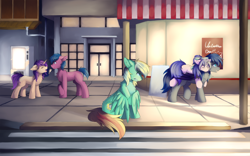 Size: 1920x1200 | Tagged: safe, artist:lunar froxy, oc, oc only, oc:typh, bat pony, earth pony, pegasus, pony, unicorn, bat pony oc, carrying, crying, door, food, house, lonely, open mouth, outdoors, popsicle, sad, street