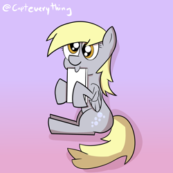 Size: 2000x2000 | Tagged: safe, artist:eveeyuwu, derpy hooves, pegasus, pony, g4, female, gradient background, high res, sitting, solo