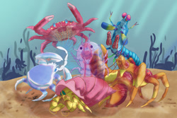 Size: 1280x853 | Tagged: safe, artist:pasu-chan, applejack, fluttershy, pinkie pie, rainbow dash, rarity, twilight sparkle, crab, mantis shrimp, shrimp, g4, bubble, commission, coral, crabbity, crabified, crustacean, hermit crab, mane six, my little x, ocean, seaweed, shy, species swap, swimming, transparent flesh, underwater, water