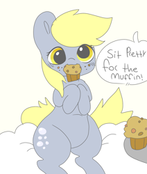 Size: 2019x2379 | Tagged: safe, artist:mushy, derpy hooves, pegasus, pony, g4, cute, derpabetes, dialogue, food, high res, mouth hold, muffin, simple background, solo, white background