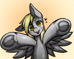 Size: 2205x1764 | Tagged: safe, artist:kyouman1010, derpy hooves, pegasus, pony, g4, blushing, female, floating heart, frog (hoof), heart, looking at you, mare, open mouth, open smile, outstretched arms, smiling, solo, spread wings, underhoof, wings