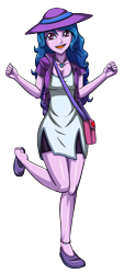 Size: 1352x3000 | Tagged: safe, artist:artemis-polara, izzy moonbow, equestria girls, g4, g5, anklet, bag, barefoot, bracelet, clothes, dress, equestria girls-ified, feet, female, g5 to equestria girls, g5 to g4, generation leap, hat, high res, jewelry, legs, necklace, open mouth, open smile, shoe dangling, shoes, simple background, smiling, solo, toes, transparent background, vest