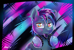 Size: 900x607 | Tagged: safe, artist:avui, oc, oc only, oc:song glow, pony, cyberpunk, headphones, male, solo