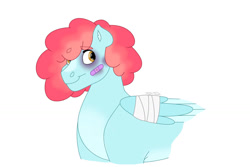 Size: 1280x854 | Tagged: safe, artist:itstechtock, oc, oc only, oc:cloudberry, pegasus, pony, bandage, bandaid, broken wing, bruised, female, magical lesbian spawn, mare, offspring, parent:dizzy twister, parent:sassaflash, parents:dizzyflash, simple background, solo, white background, wings