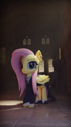 Size: 2160x3840 | Tagged: safe, artist:dieanondie, fluttershy, pegasus, pony, g4, 3d, blender, clothes, dress, ear piercing, earring, eyeshadow, female, fluttergoth, goth, high res, hoof shoes, jewelry, looking at you, makeup, mare, piercing, solo