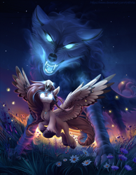 Size: 2500x3216 | Tagged: safe, artist:mithriss, oc, oc only, oc:ondrea, oc:ria'kho, pegasus, pony, wolf, bonepone, braid, braided tail, face paint, female, flower, flying, freckles, glowing eyes, high res, leaping, long hair, mare, meadow, skull, solo, spirit, sunset, tall, thick, unshorn fetlocks, wings
