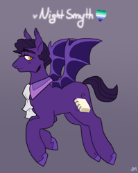 Size: 796x1000 | Tagged: safe, artist:greenarsonist, oc, oc only, oc:night smyth, bat pony, pony, bat pony oc, bat wings, gay pride flag, male, necktie, pride, pride flag, solo, spread wings, wings