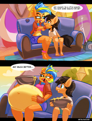 Size: 3040x4000 | Tagged: safe, artist:metalface069, oc, oc:chug-a-lug, bandicoot, earth pony, anthro, belly, big belly, chips, commission, crash bandicoot (series), crossover, fat, feeding, female, food, huge belly, male, nachos, stuffed, tawna bandicoot