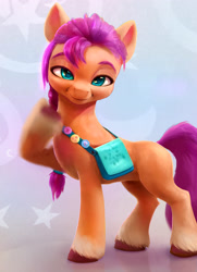 Size: 2432x3360 | Tagged: safe, edit, editor:xbi, screencap, sunny starscout, earth pony, pony, g5, abstract background, badge, bag, bedroom eyes, concave belly, female, high res, lidded eyes, looking at you, mare, raised hoof, slender, solo, suggestive smile, thin