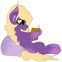 Size: 1545x1524 | Tagged: safe, artist:justapone, oc, oc only, oc:lavender sunrise, pony, book, chest fluff, colored, eyeshadow, female, lying down, makeup, mare, pillow, reading, simple background, smiling, solo, transparent background, yellow eyes, yellow hair