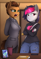 Size: 2430x3438 | Tagged: safe, artist:felixf, soarin', oc, oc only, oc:miss eri, anthro, anthro oc, black and red mane, breasts, clothes, commission, door, duo, emo, heart, high res, jeans, pants, photo, teenager, two toned mane, ych example, your character here