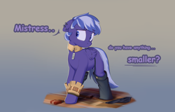 Size: 3900x2500 | Tagged: safe, artist:imadeoos, oc, oc only, oc:night sky, pegasus, pony, clothes, collar, context is for the weak, ear piercing, female, gradient background, high res, mare, name tag, oversized clothes, pegasus oc, piercing, solo, stockings, talking, thigh highs