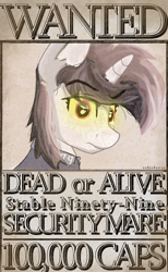 Size: 1230x2000 | Tagged: safe, artist:coffeeponee, oc, oc only, oc:blackjack, pony, unicorn, fallout equestria, fallout equestria: project horizons, colored sclera, fanfic art, female, glowing eyes, looking at you, mare, simple background, solo, wanted poster, yellow sclera