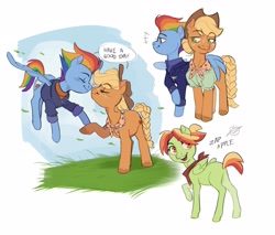 Size: 4096x3482 | Tagged: safe, artist:cass_a_rollie, applejack, rainbow dash, oc, oc:zap apple, earth pony, pegasus, pony, g4, the last problem, alternate clothes, badge, bandana, blank flank, blouse, blushing, boop, braided tail, butt, clothes, cloud, dialogue, digital art, eye clipping through hair, eyebrows, eyebrows visible through hair, eyes closed, falling leaves, female, filly, floating, flying, foal, folded wings, freckles, granny smith's shawl, grass, hair bun, hat, heart, high res, hoof touching, hug, jacket, leaves, lesbian, looking back, magical lesbian spawn, mare, midair, multicolored mane, multicolored tail, offspring, older, older applejack, older rainbow dash, open mouth, open smile, parent:applejack, parent:rainbow dash, parents:appledash, pegasus oc, plot, ponytail, raised hoof, ship:appledash, shipping, shirt, short hair, side by side, simple background, sky, smiling, spread wings, standing, sweater, touching hooves, trio, trio female, turtleneck, unshorn fetlocks, vignette, wall of tags, white background, winghug, wings