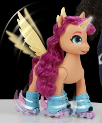 Size: 504x607 | Tagged: safe, sunny starscout, alicorn, earth pony, pony, unicorn, g5, my little pony: a new generation, official, spoiler:my little pony: a new generation, alicornified, female, irl, mare, pegasus wings, photo, race swap, roller skates, sing n skate sunny starscout, solo, sunnycorn, toy, wings