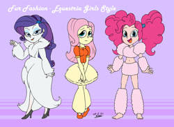 Size: 1024x745 | Tagged: safe, artist:tmntsam, fluttershy, pinkie pie, rarity, equestria girls, g4, alternate universe, blouse, bottomless, cheek fluff, clothes, fur, fur coat, furry human, high heels, nudity, partial nudity, shoes, trio