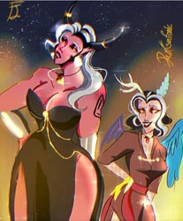 Size: 540x653 | Tagged: safe, artist:darksinfonic, discord, lord tirek, human, g4, breasts, busty eris, busty lady tirek, cleavage, clothes, dress, eris, female, grin, hand on hip, height difference, horn, horned humanization, humanized, lady tirek, lesbian, looking at each other, male, rule 63, scorpan's necklace, shipping, smiling, stupid sexy discord, stupid sexy tirek, tattoo, tirekcord, winged humanization, wings