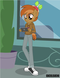 Size: 613x793 | Tagged: safe, artist:excelso36, button mash, earth pony, anthro, plantigrade anthro, equestria girls, g4, clothes, converse, hat, nintendo switch, outdoors, playing, propeller hat, shoes, solo, video game