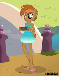 Size: 613x792 | Tagged: safe, alternate version, artist:excelso36, button mash, earth pony, anthro, plantigrade anthro, equestria girls, g4, ankles, buttonbetes, clothes, crossdressing, cute, dress, flip-flops, male, nintendo switch, outdoors, playing, solo, trap, video game